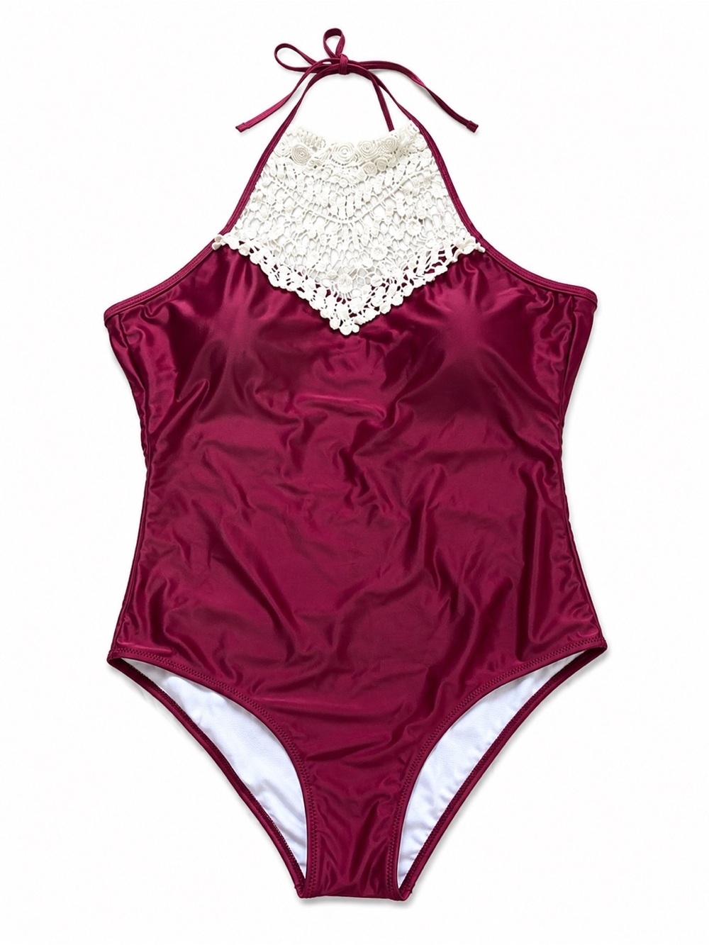 Cupshe Burgundy One Piece Swimsuit Crochet Lace Halter Size Large